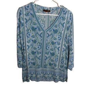 Crosby Blouse Women's Medium V-Neck 3/4 Sleeve Paisley Blue Floral Casual Top